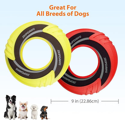 SKIPDAWG Interactive Dog Flying Disc 2 Pack, Pet Flying Disc Floats in Water, Diameter 9” Soft Dog Toy for Outdoor Exercise Training, Safe Light TPR/Nylon Fabric Pet Toys, Green and Red Colors