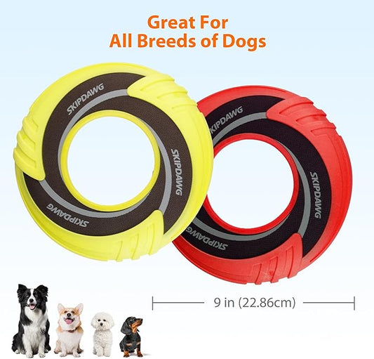 SKIPDAWG Interactive Dog Flying Disc 2 Pack, Pet Flying Disc Floats in Water, Diameter 9” Soft Dog Toy for Outdoor Exercise Training, Safe Light TPR/Nylon Fabric Pet Toys, Green and Red Colors