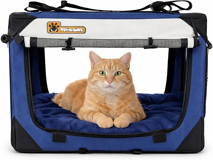 Cat & Dog Pet Carrier, Soft-Sided, Large 24"x16"x16", Supports Up to 45 lbs, Privacy Windows, Removable Plush Bed, Locking Zippers, Foldable Travel Crate