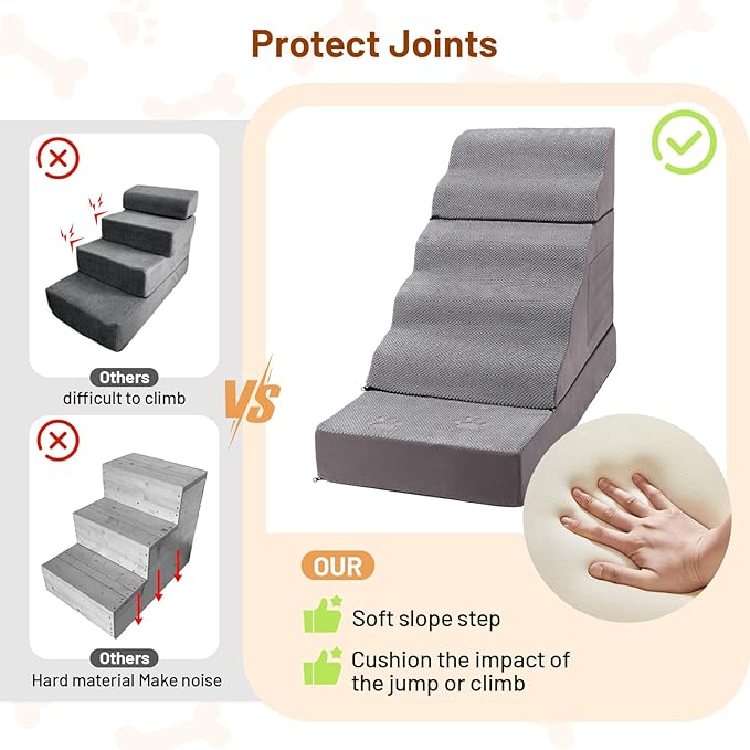 Large Dog Stairs – Extra Large Dog Steps for Bed, Couch & Car, 6-Step Pet Steps for Puppies & Senior Dogs, Pet Stairs with Washable Cover, Side Pockets, Non-Slip Bottom, 43.3" L x 19.7" W Grey