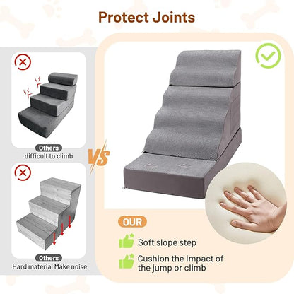 Large Dog Stairs – Extra Large Dog Steps for Bed, Couch & Car, 6-Step Pet Steps for Puppies & Senior Dogs, Pet Stairs with Washable Cover, Side Pockets, Non-Slip Bottom, 43.3" L x 19.7" W Grey