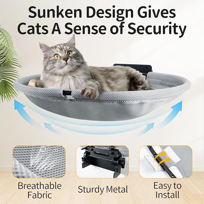 Wall Mounted Cat Hammock, Foldable Cat Bed with Breathable Fabric, Large, Holds Up to 30 lbs for Sleeping, Playing, Climbing and Lounging
