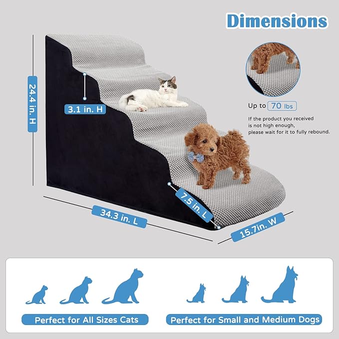 Dog Steps for Bed 24.4" High, Curved 5-Step Dog Stairs for Small Medium Dogs, PetDog Steps for Beds/Couch 22-26 in, Non-Slip Dogs Ramp with 35D High-Density Foam, Grey