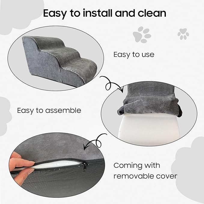 Pet Stairs for Small Dogs and Cats, Comfortable Curved Design with Waterproof Cover, High-Density Foam Steps for Beds or Sofas, Durable and Lightweight, 3-Layer, 21.7x15.7x13.8 Inches Grey