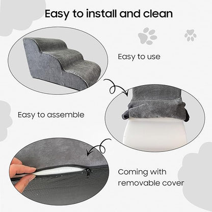 Pet Stairs for Small Dogs and Cats, Comfortable Curved Design with Waterproof Cover, High-Density Foam Steps for Beds or Sofas, Durable and Lightweight, 3-Layer, 21.7x15.7x13.8 Inches Grey