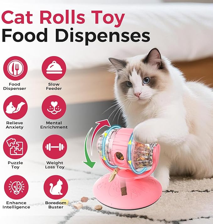 Cats Slow Feeder 4.6" High Cat & Dog Dry Food Dispenser Toy with Wine Barrel Spinner, Treat Dispenser for Boredom & Anxiety Relief, IQ Training for Small/Medium Pets (Pink)