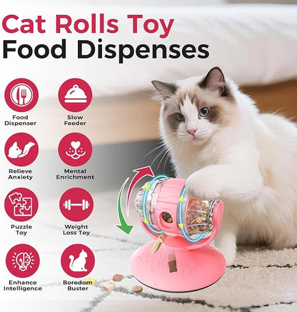 Cats Slow Feeder 4.6" High Cat & Dog Dry Food Dispenser Toy with Wine Barrel Spinner, Treat Dispenser for Boredom & Anxiety Relief, IQ Training for Small/Medium Pets (Pink)