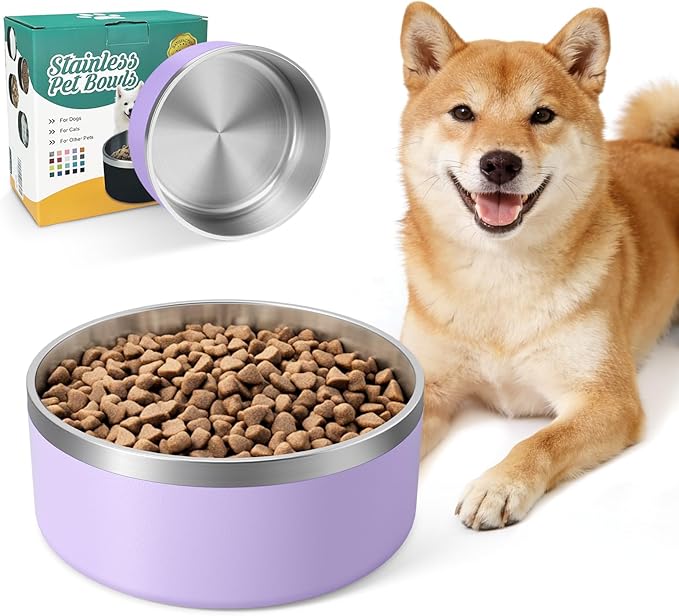 IKITCHEN Dog Bowl for Food and Water, 40 Oz Stainless Steel Pet Feeding Bowl, Durable Non-Skid Insulated Heavy Duty with Rubber Bottom for Medium Large Dogs (40 Ounces/5 Cup, Light Purple)