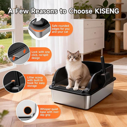 Stainless Steel Cat Litter Box, Extra Large XL Odor Free Metal Litter Box with High Sides Lid, Open Top Litter Pan Include Scoop Easy Cleaning Anti-Scratch Kitty Cat Box Anti-Urine Leakage, Non-Sticky
