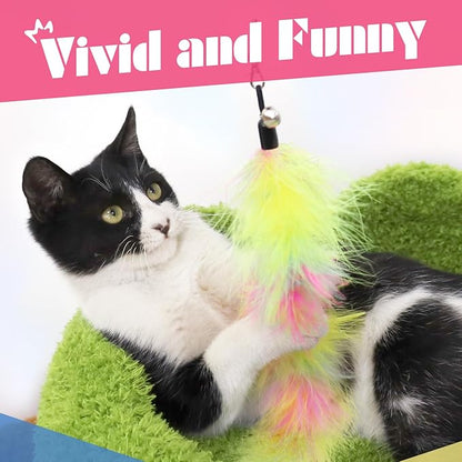 SONGWAY Cat Wand Toys for Indoor Cats - Cat Toy Set with Retractable Teaser Wand and 6 PCS Colorful Large Feather Toy Refills, Butterfly Tassel Plush Cute Cat Toys Interactive