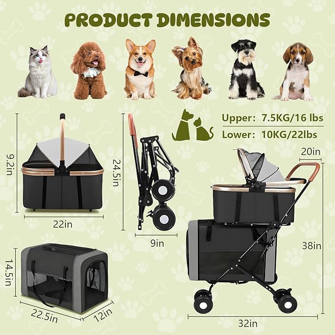 Double Pet Stroller for Dogs and Cats, One-Step Folding Dog Stroller Travel Carriage for Small Medium Dogs Cats, 2 Detachable Carrier Bags, 4 Lockable Wheels (Black)