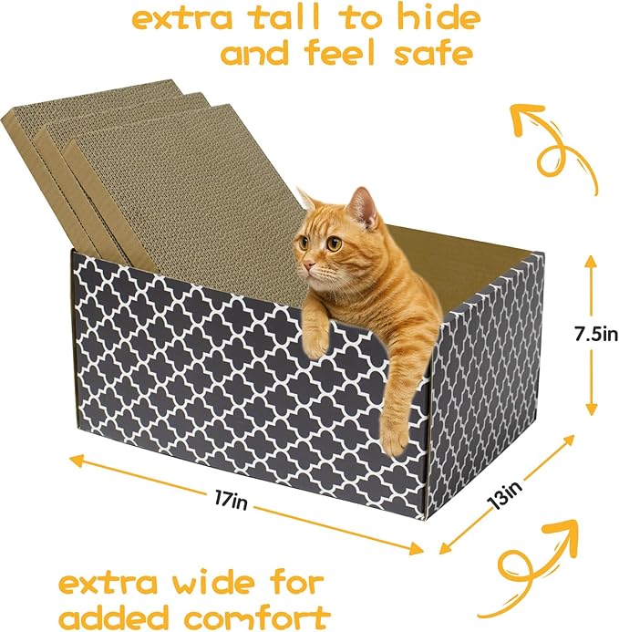 Cardboard Cat Scratcher Box with 3PCS Extra-Large Double-Sided Scratching Board, Heavy Duty Cat Scratcher Bed, Sturdy and Refillable, Ideal for Scratching and Sleeping, Premium House for Indoor Cats