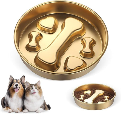 Golden Stainless Steel Slow Feeder Dog Bowls – Non-Slip Metal Dog Bowl for Large & Medium Breeds, Puppy Puzzle Feeder – 2 Cup Capacity for Small to Big Pets – Durable Slow Feed Dog & Cat Food Dish