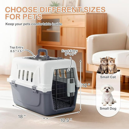 MoNiBloom 18-Inch 2-Door Top Loading Cat Carrier, Plastic Dog Crate Hard-Sided Dog Travel Carrier for Small Dogs and Cats, Ventilation and Security Lock Design for Pets up to 10 lbs (Grey)
