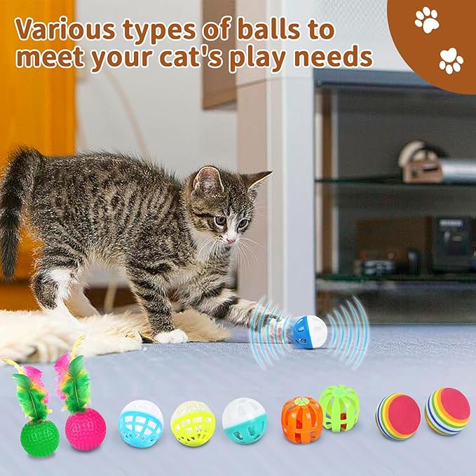 Cat Toys, 25-Pack Toy Pack for Indoor Kittens, Kitten Toys Bulk Set - Interactive Kitty Toys with Cube, Crinkle Balls, Feather Wand - Cat Tous