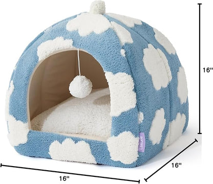 Lesure Cute Cat Beds for Indoor Cats - 2 in 1 Cat Cave Bed for Kittens and Small Pets with Removable Washable Cushioned Pillow, Cozy Kitten Tent with Non-Slip Bottom, Blue, 16 inches