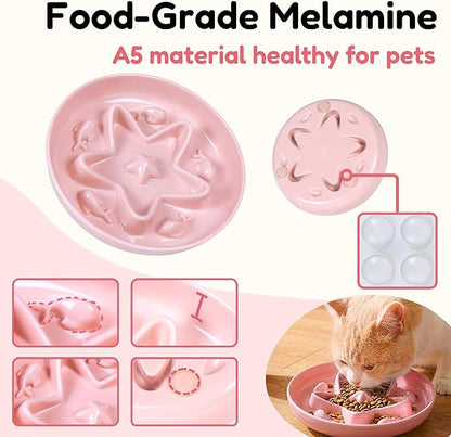 2 Pcs Cat Slow Feeder Bowl – Whisker Friendly Melamine Puzzle Feeding Cat Bowl for Slow Eating – Wet & Dry Food – Dishwasher Safe, Lightweight, Non-Slip (Blue + Pink, 6.3'')