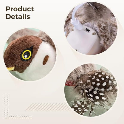 Flapping Bird Cat Toy, Realistic Sparrow Design for Indoor Cats, USB Rechargeable, Bird Sounds, Feather Tail, Plush Embroidered Details for Cats and Dogs
