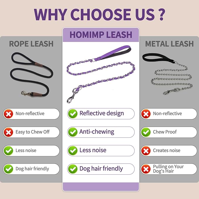 HOMIMP Heavy Duty Dog Leash - Chew Proof 4 FT, Reflective, Metal Training Leash with Soft Padded Handle, Strong Rope for Night Walking, Purple