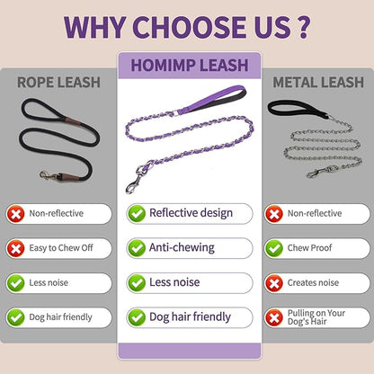 HOMIMP Heavy Duty Dog Leash - Chew Proof 4 FT, Reflective, Metal Training Leash with Soft Padded Handle, Strong Rope for Night Walking, Purple