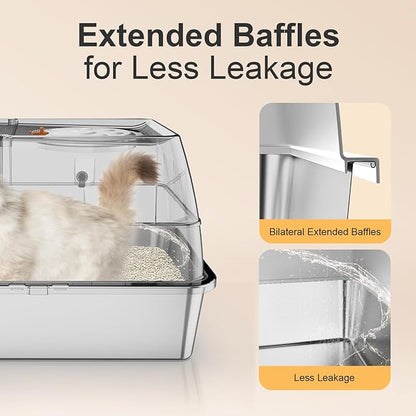 Stainless Steel Litter Box with Lid, XL Extra Large Litter Box, Enclosed Top Entry Metal Litterbox for Big Cats, Easy Cleaning, Anti-Leakage & High Sided with Mat, Aisle & Scoop, Light Grey
