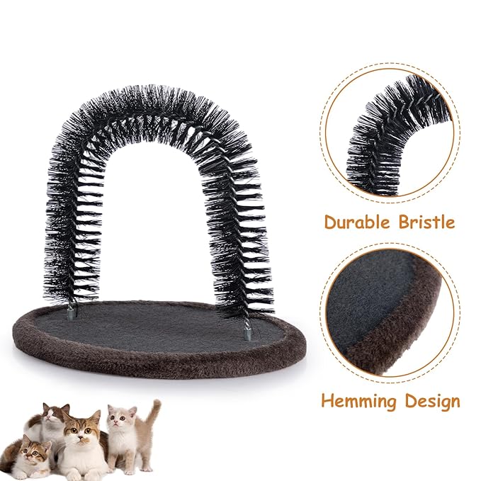 Hollypet Self Grooming Massager and Scratcher Toy - Cat Arch Brush for Back Grooming, Hair Cleaner Pads, Dark Brown
