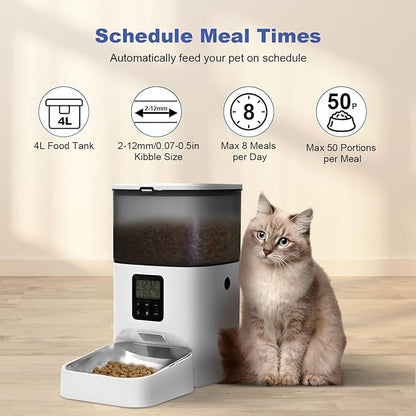 Automatic Cat Feeder, 4L Cat Food Dispenser with 10s Voice Recorder, Pet Feeder up to 8 Meals per Day, Timed Dog Feeder with Dry Food Sealed Ring