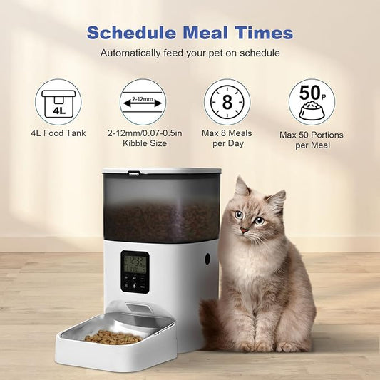 Automatic Cat Feeder, 4L Cat Food Dispenser with 10s Voice Recorder, Pet Feeder up to 8 Meals per Day, Timed Dog Feeder with Dry Food Sealed Ring