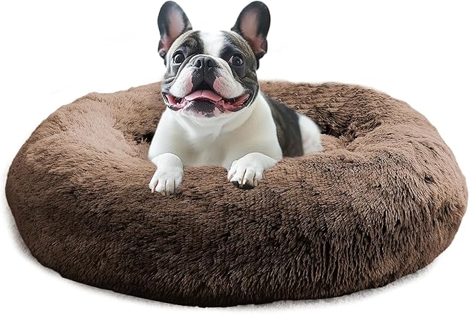 JOLLYVOGUE Calming Dog Beds Large Sized Dog, 36in Donut Washable Large Pet Bed, Anti-Slip & Anti-Anxiety Fluffy Faux Fur Round Dogs Bed, Fits up to 80 lbs Pets (Coffee)