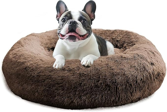 JOLLYVOGUE Calming Dog Beds Large Sized Dog, 36in Donut Washable Large Pet Bed, Anti-Slip & Anti-Anxiety Fluffy Faux Fur Round Dogs Bed, Fits up to 80 lbs Pets (Coffee)