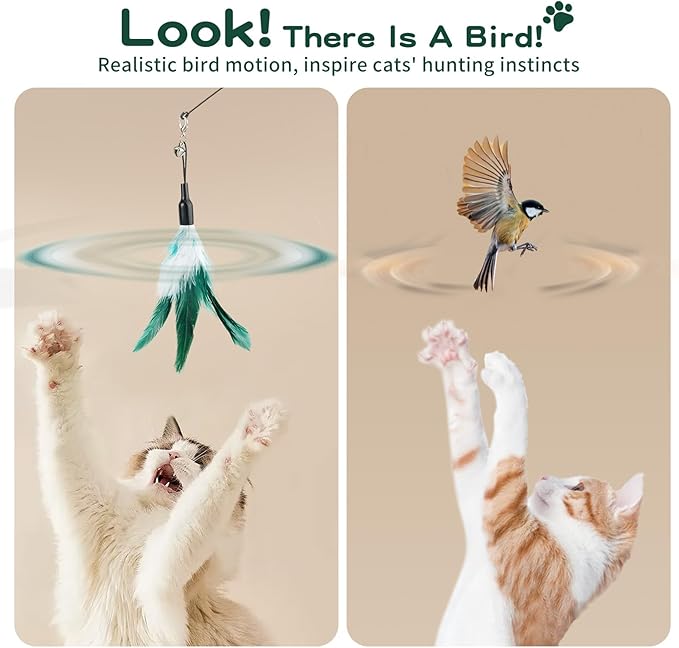 Pawaboo Feather Teaser Cat Toy, Interactive Feather Wand Cat Toy Flying Feather Cat Catcher with Extra Long 34.5" Wand and Small Bell, Fun Exerciser Playing Toy for Kitten or cat, White & Green