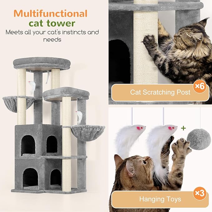 Globlazer Cat Tree Tower for Indoor Cats, Sturdy Adult Cat Tree House for Large Adult Cats with 2 Platform, 6 Cat Scratching Post, 2 Cat Caves, Dangling Toys, S63, 63 inch, Light Grey