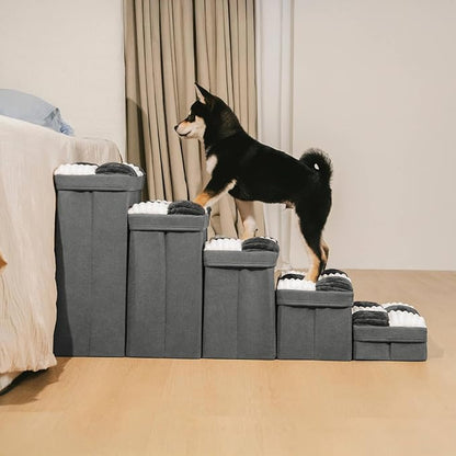 Dog Stairs with Storage, 5-Step Chessboard Plaid Handcrafted Dog Steps for Small Medium Dogs Cats, Folding Sturdy Pet Stairs Climbing Bed or Sofa, Grey