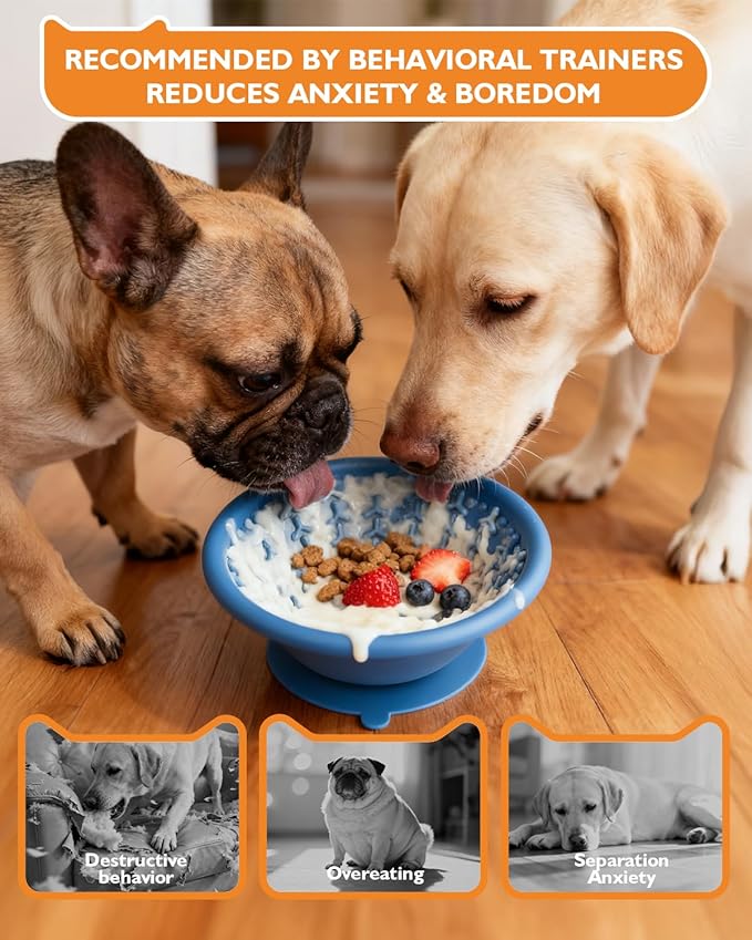 Dog Lick Bowl, Non-Slip Slow Feeder Licking Mat & Treat Dispenser (Wide Bowl Mouth w/Inlaid Stainless Steel Ring) - Interactive Toys, Anxiety Reducer, Freeze Bone for Dogs, BPA Free Silicone(Blue)