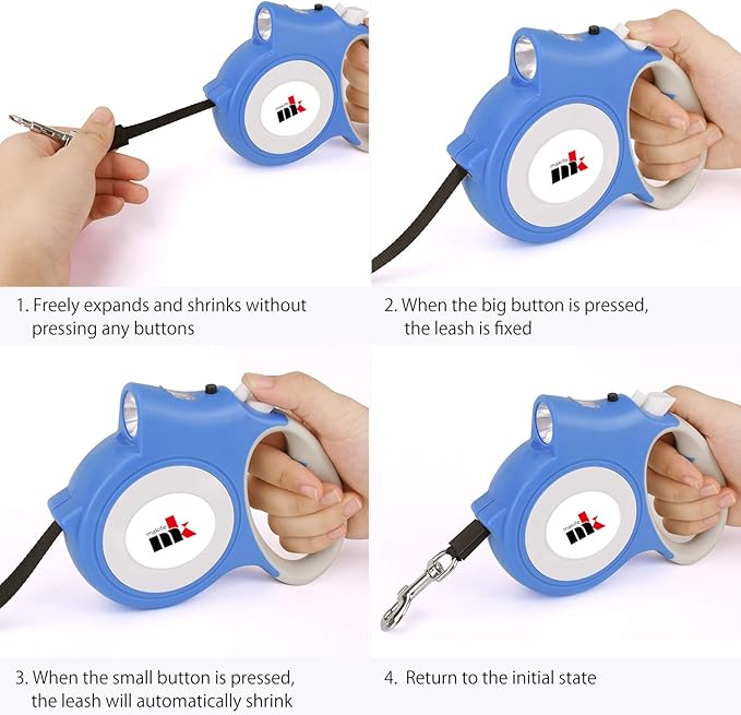 Retractable Dog Leash with LED Light Makife 5m Extendable Dog Lead for Small Medium Puppis up to 25kgs, One-Hand Brake & Lock System, Ergonomic Handle - Blue