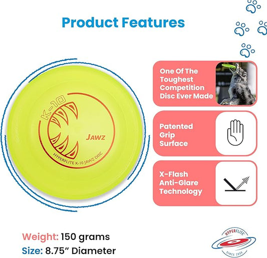 Hyperflite K-10 Jawz Dog Flying Disc – Toughest Puncture-Resistant Disc – Ultra-Long Flights – World Record Proven – Competition Approved – 8.75” / 150g – Yellow