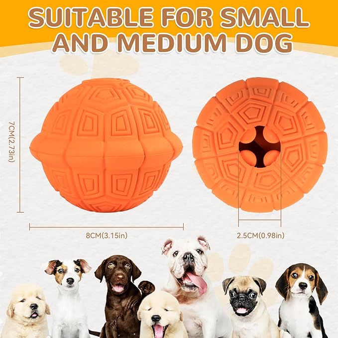 Squeaky Turtle Dog Toy, Treat Dispensing Rubber Ball, Bite Resistant Plush Chew Toy, Interactive Tug & Fetch Enrichment Toy for Medium & Small Breeds, Safe & Engaging for Puppies (Orange)