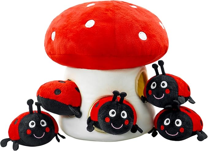 Hide and Seek Dog Toys, Interactive Squeaky Plush Puzzle Puppy Chew Toy to Keep Them Busy for Small Medium Large Dogs(Mushroom Hideaway with 5 Pack Ladybirds)