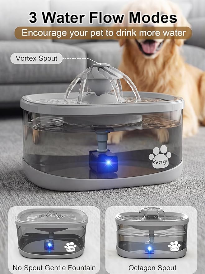 Kastty 9.5L Dog Water Fountain for Large Dogs,2.5Gal Large Capacity Pet Water Fountain with 3 Flow Modes, Automatic Quite Dog Water Bowl Dispenser with Water Window & LED,Easy to Clean(FS82,Grey)