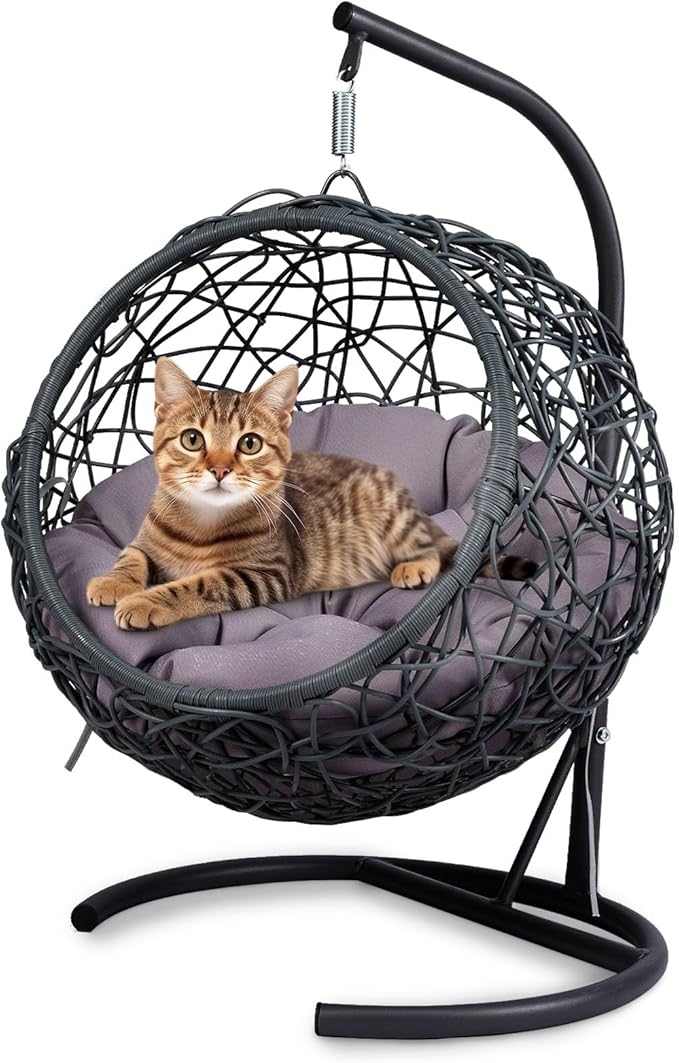 Anwick Cat Swing Bed with Stand & Cushion Indoor Outdoor, Egg Chair with Rattan Wicker Appearance, Indoor Hanging Swinging Hammocks for Cat, Dogs, and Small Animals Bedroom Porch (Gray)