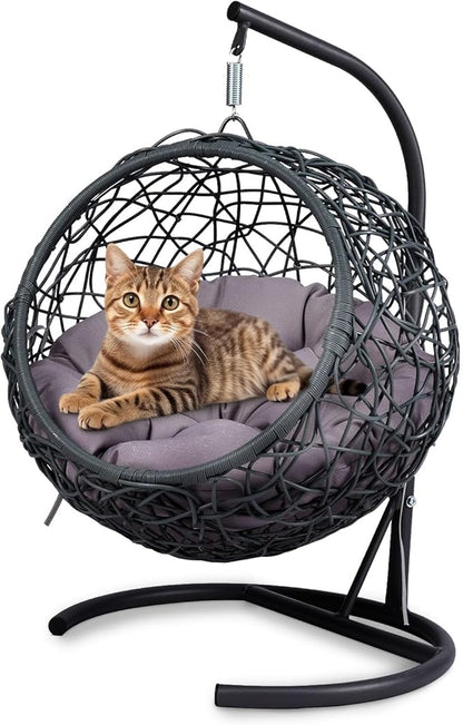 Anwick Cat Swing Bed with Stand & Cushion Indoor Outdoor, Egg Chair with Rattan Wicker Appearance, Indoor Hanging Swinging Hammocks for Cat, Dogs, and Small Animals Bedroom Porch (Gray)