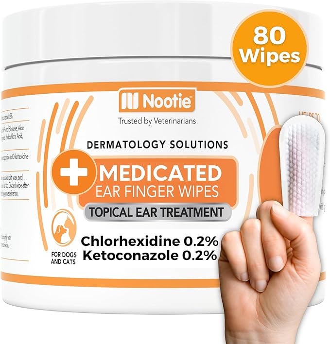 Nootie Medicated Ear Finger Wipes with Chlorhexidine for Dogs, Gentle Dog Ear Cleaning Wipes for Itchy, Sensitive Ears - Helps Remove Wax, Dirt Buildup, & Odor 80 Wipes - Made in USA