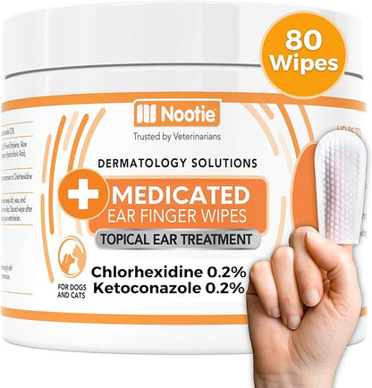 Nootie Medicated Ear Finger Wipes with Chlorhexidine for Dogs, Gentle Dog Ear Cleaning Wipes for Itchy, Sensitive Ears - Helps Remove Wax, Dirt Buildup, & Odor 80 Wipes - Made in USA