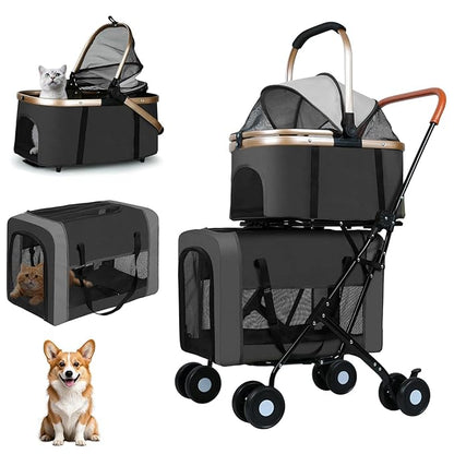 YYW Double Pet Stroller for Small Dogs & Cats - 4 in 1 Foldable Dog Stroller with 2 Detachable Carriers, Lockable Wheels & Safety Belts, Ideal for Multi-Pet Homes Walks & Travel(Black)