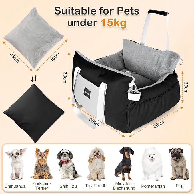 SIVES Dog Car Seat for Small Dogs, Soft Booster Seat Travel Bed with Side Flaps, Non-Slip Base, Seat Belt Straps + Safety Tether, Storage Pocket, Washable Cushion, Recommended Up to 33 lbs, Black