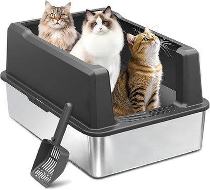 Jumbo Stainless Steel Cat Litter Box, Open Top Litter Box with 13.7" High Sides to Stop Scatter, Large Cat Litter Box for Multiple Cats, Easy Clean & Odor Resistant, Includes Scoop