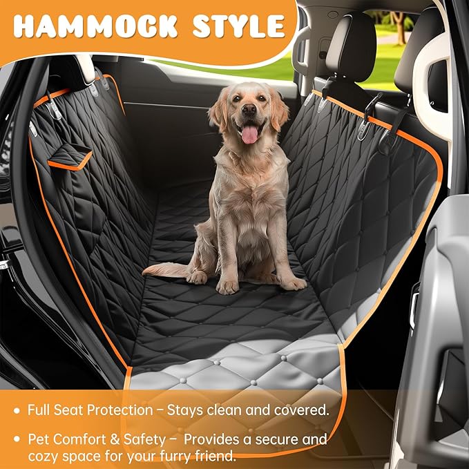 Dog Car Seat Cover for Back Seat 100% Waterproof, Long-Lasting and Soft Nonslip Backseat Cover for Cars, SUVs and Trucks, 600D Oxford Fabric, Black-Orange, Standard (54" W x 59" L)