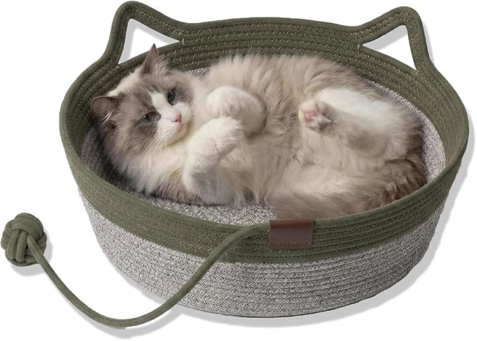 Handwoven Cat Basket with Toy Rope Ball, Foldable Scratchable Cat Hammock Bed, Breathable Cat Basket for Indoor Play Rest Sleeping (Green)