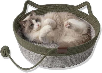 Handwoven Cat Basket with Toy Rope Ball, Foldable Scratchable Cat Hammock Bed, Breathable Cat Basket for Indoor Play Rest Sleeping (Green)