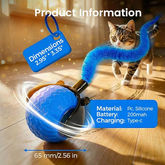 Interactive Toys for Cats, 2026 New Interactive Cat Toy Ball, Automatic Moving Cat Toy for Indoor Use, Rechargeable Feather Tail Cat Toy with Stimulation for Small Medium Large Cats (1 * Blue)